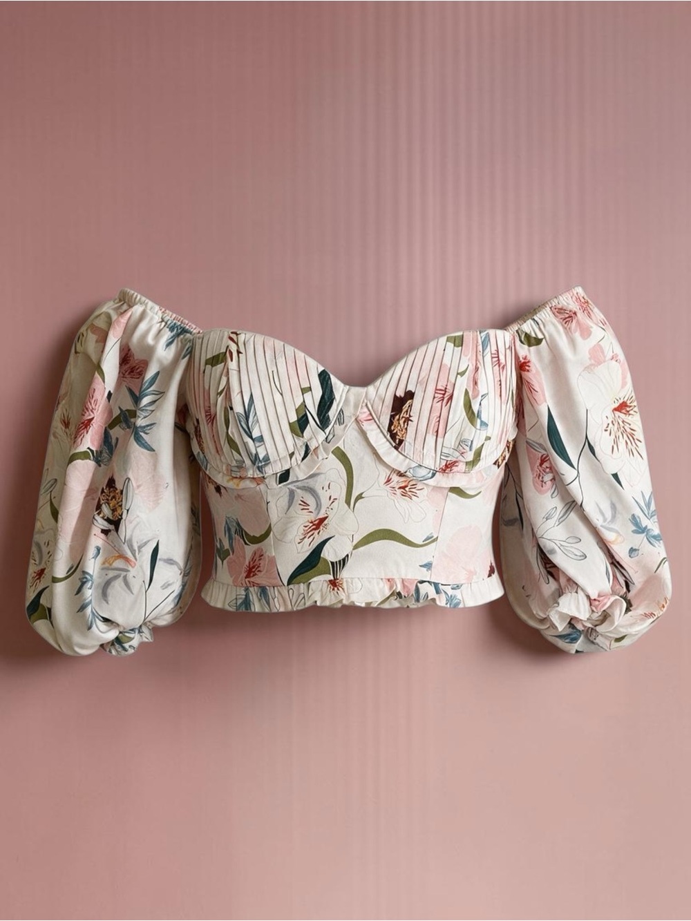 COTTON CANDY Tropical Floral Puff Sleeve Off Shoulder Corset Crop Top S